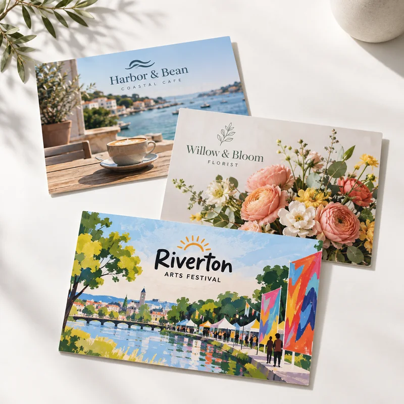 Postcards: Studio hero showing three formats