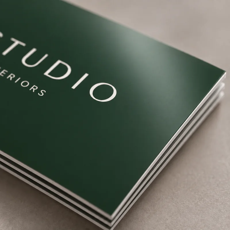 Close view of a green Form Studio card showing the satin silk-laminated surface and square corner