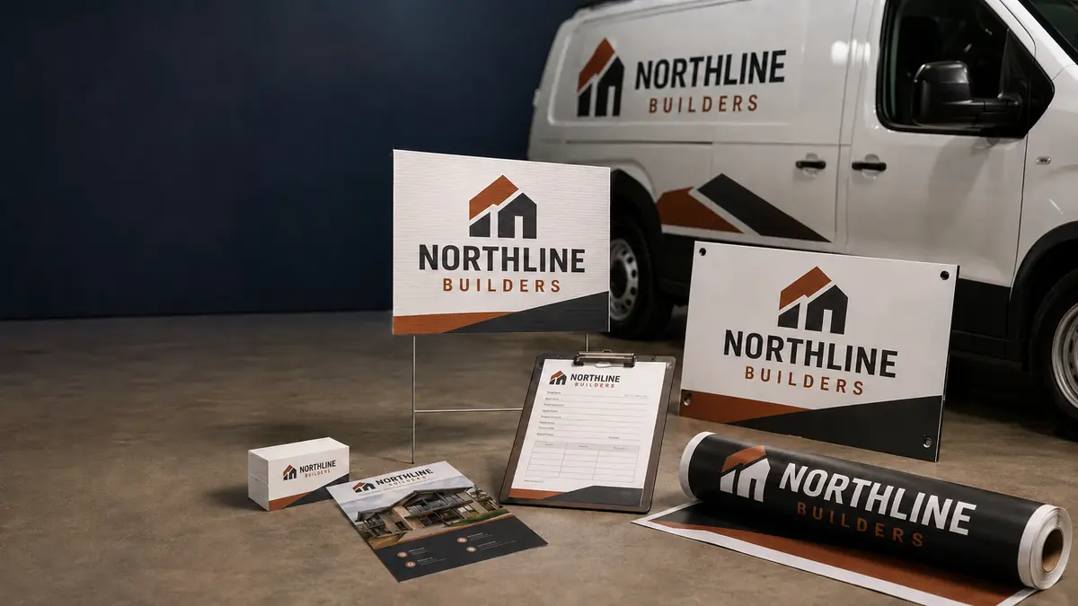 About Coordinated printed signs, forms, cards, banner and vehicle graphics for a contractor