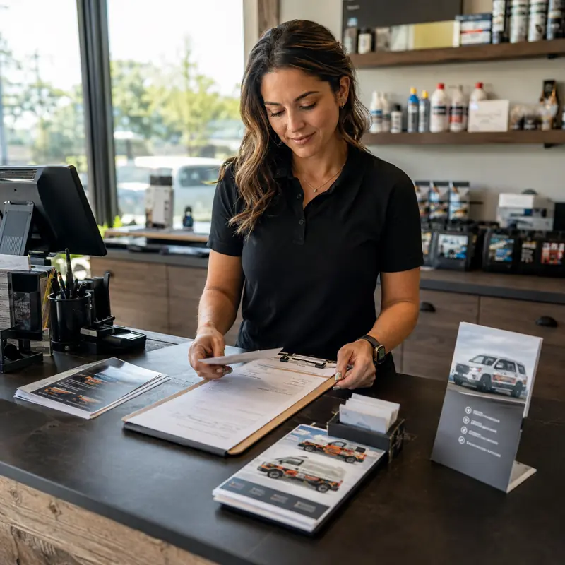 About Business owner organizing printed forms, cards and marketing materials