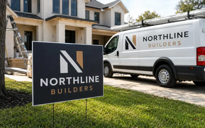 About Northline Builders yard sign and vehicle graphics at a jobsite