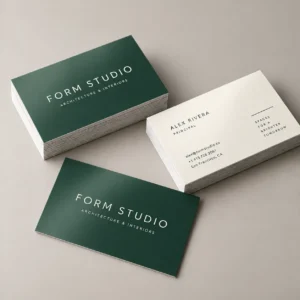 Green and cream Form Studio silk business cards arranged in stacks, showing front and back designs