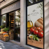 OLIVA MARKET white adhesive window graphic
